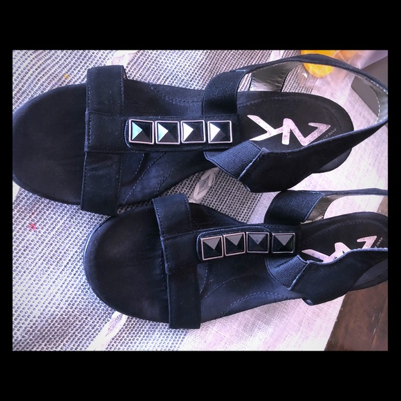 Anne Klein Black Jeweled Wedge Sandals - Picture 1 of 6